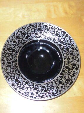 Vintage Art Deco Black Glass Silver Overlay Bowl Console Fruit 3 footed Centerpi